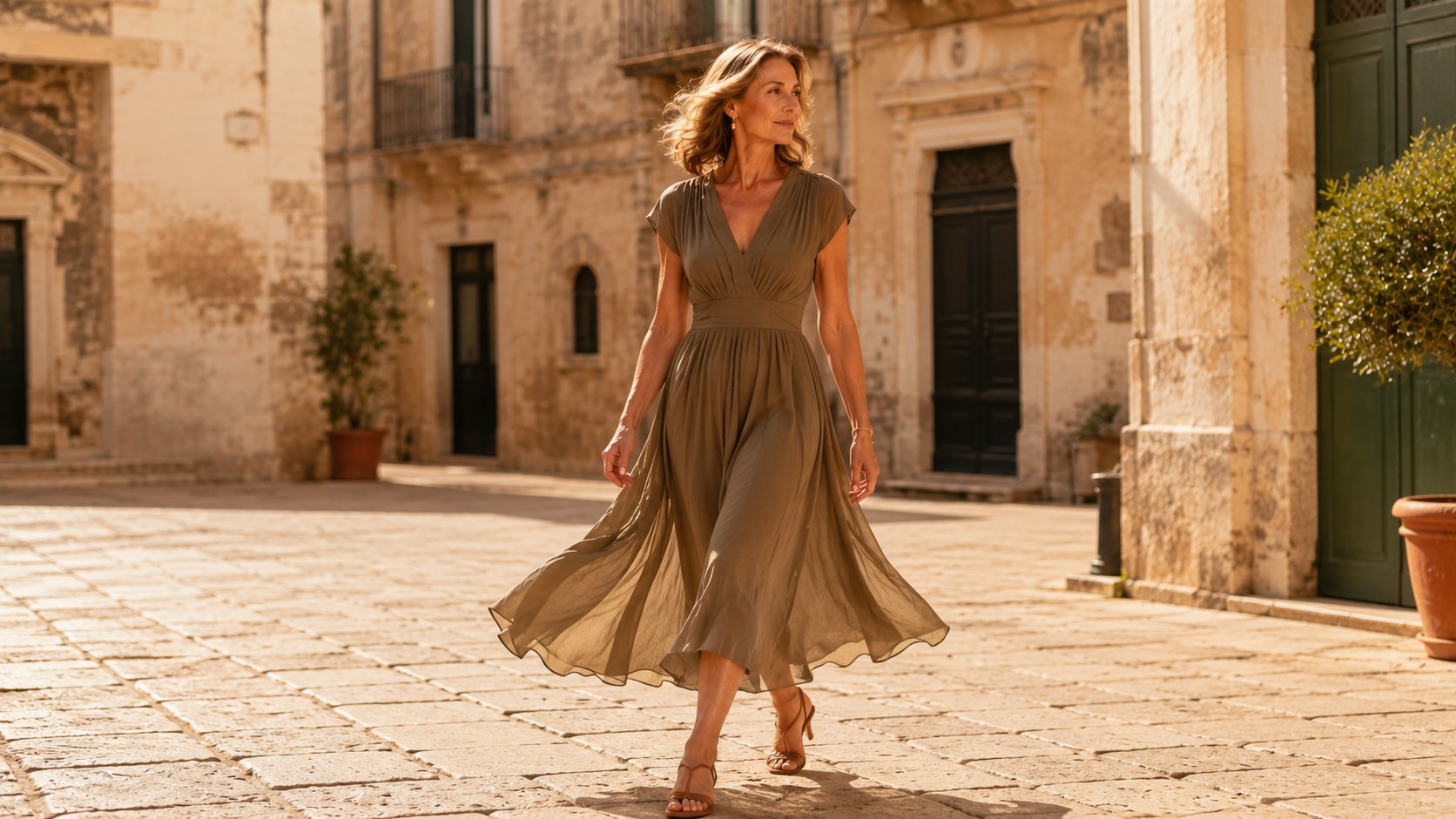 Vestidos de Alma Vittori: vestido midi de caída fluida en una plaza soleada