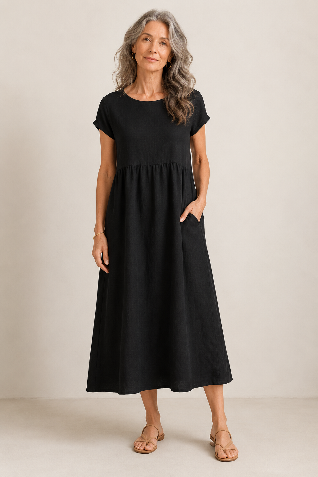 Vestido Bianca de lino negro midi con bolsillos — Alma Vittori