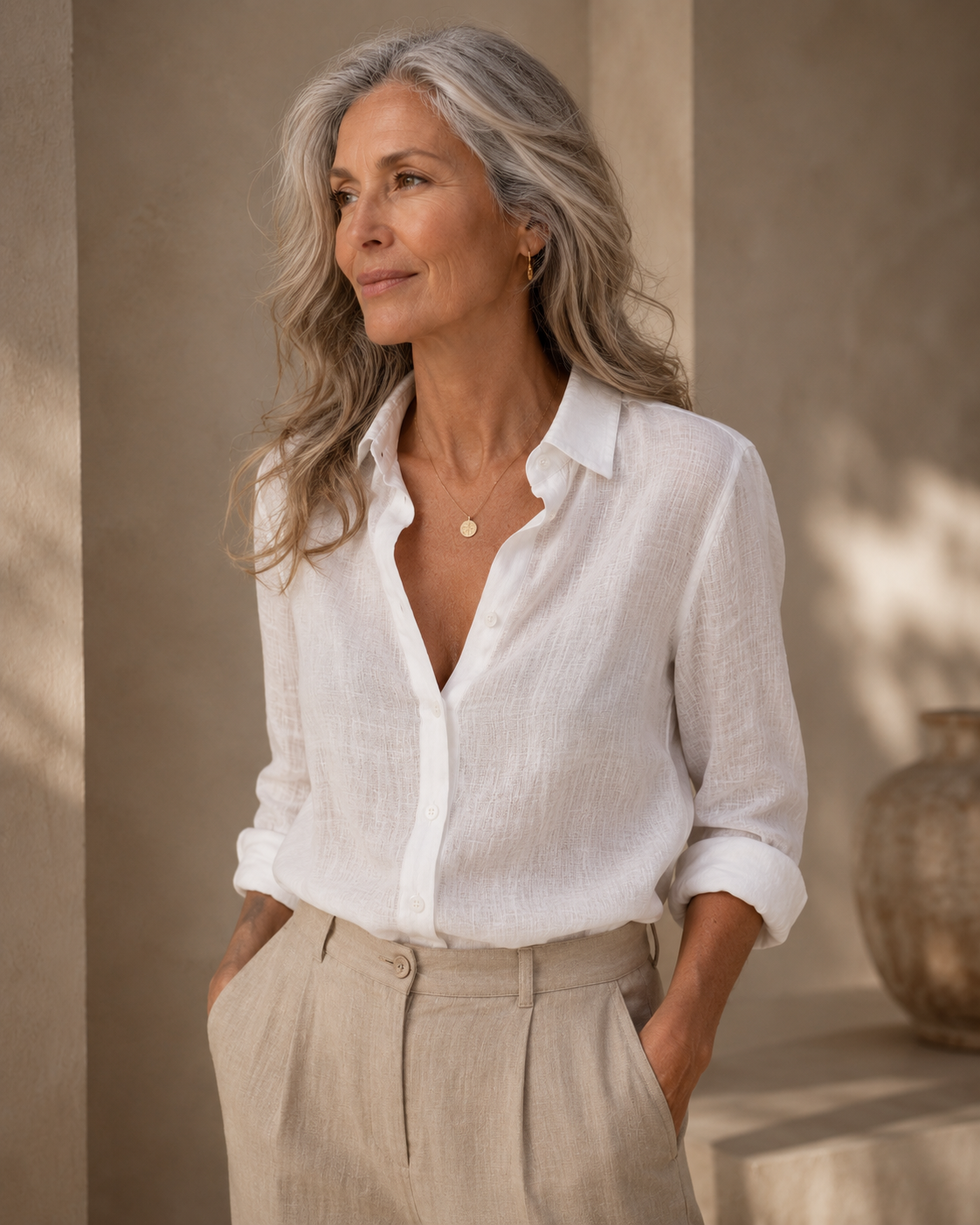 Blusa Serena de lino natural, otra vista — Alma Vittori