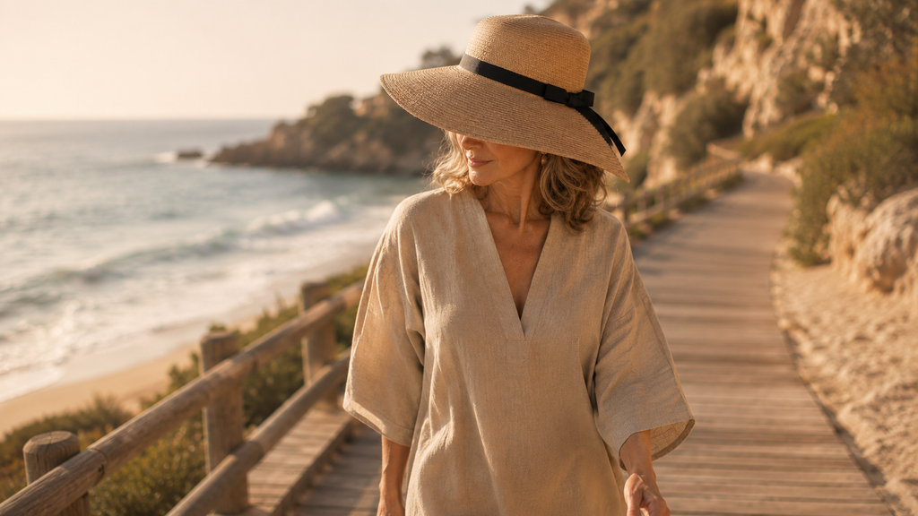 Sombrero Riviera de rafia de ala ancha, primer plano — Alma Vittori
