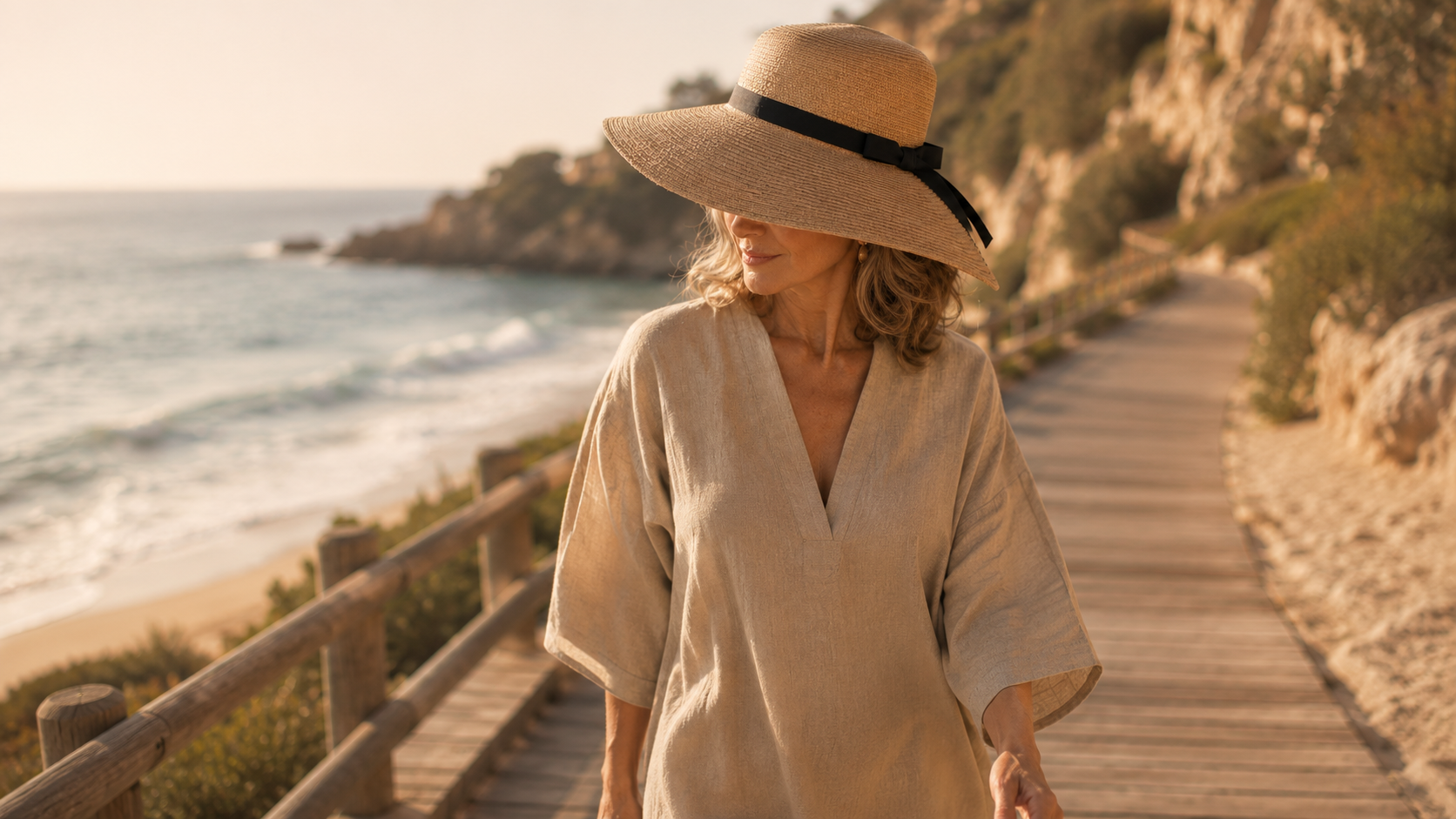 Sombrero Riviera de rafia de ala ancha, primer plano — Alma Vittori