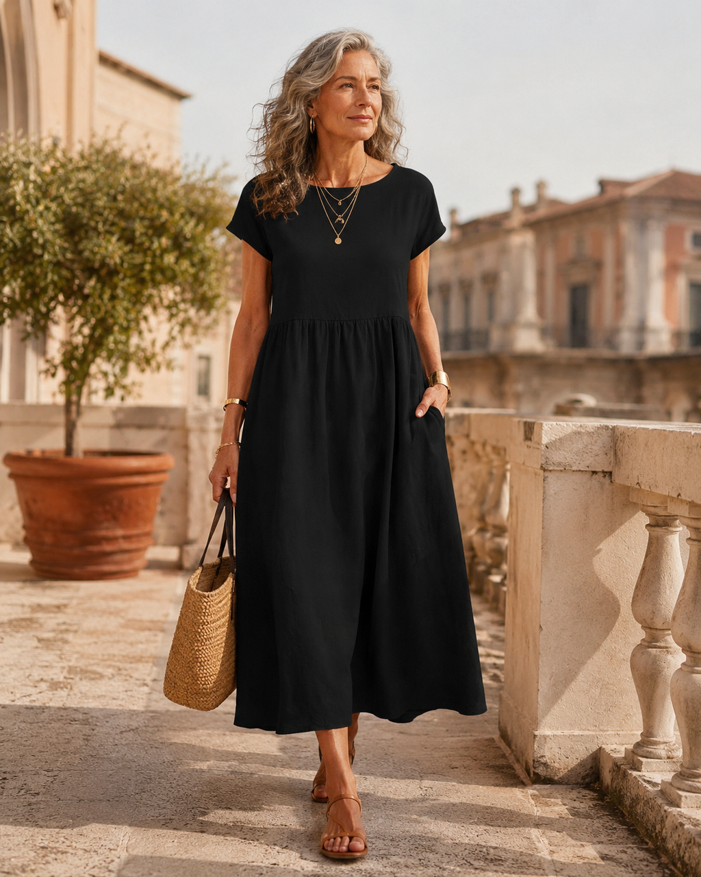 Vestido Bianca de lino negro en look de calle — Alma Vittori