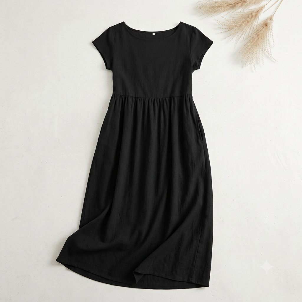 Detalle del tejido de lino del vestido Bianca en negro — Alma Vittori